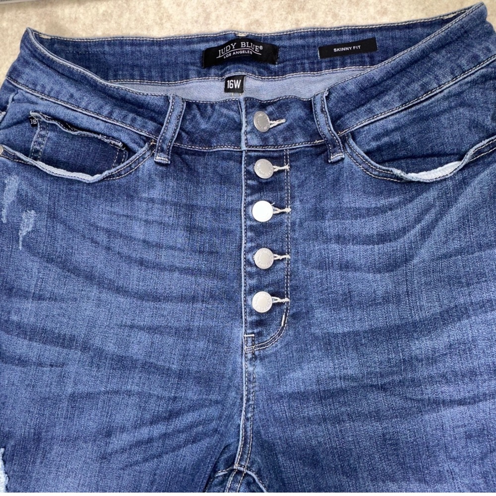 Judy Blue 16W Skinny Jeans Dark Wash‎ Distressed Ripped Button Fly High Rise - Picture 5 of 7